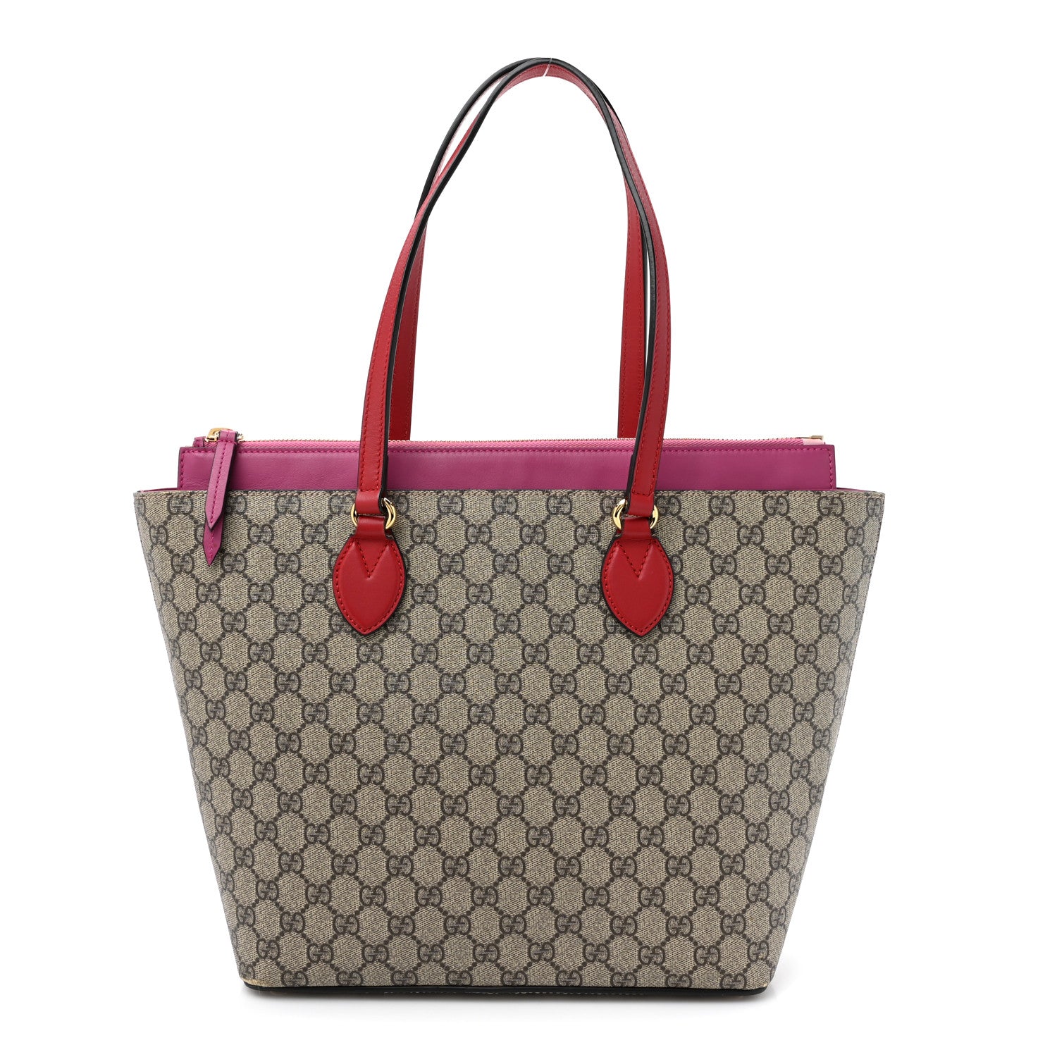 GG Supreme Monogram Medium Zippered Bucket Tote Beige Hibiscus Red New Rosette