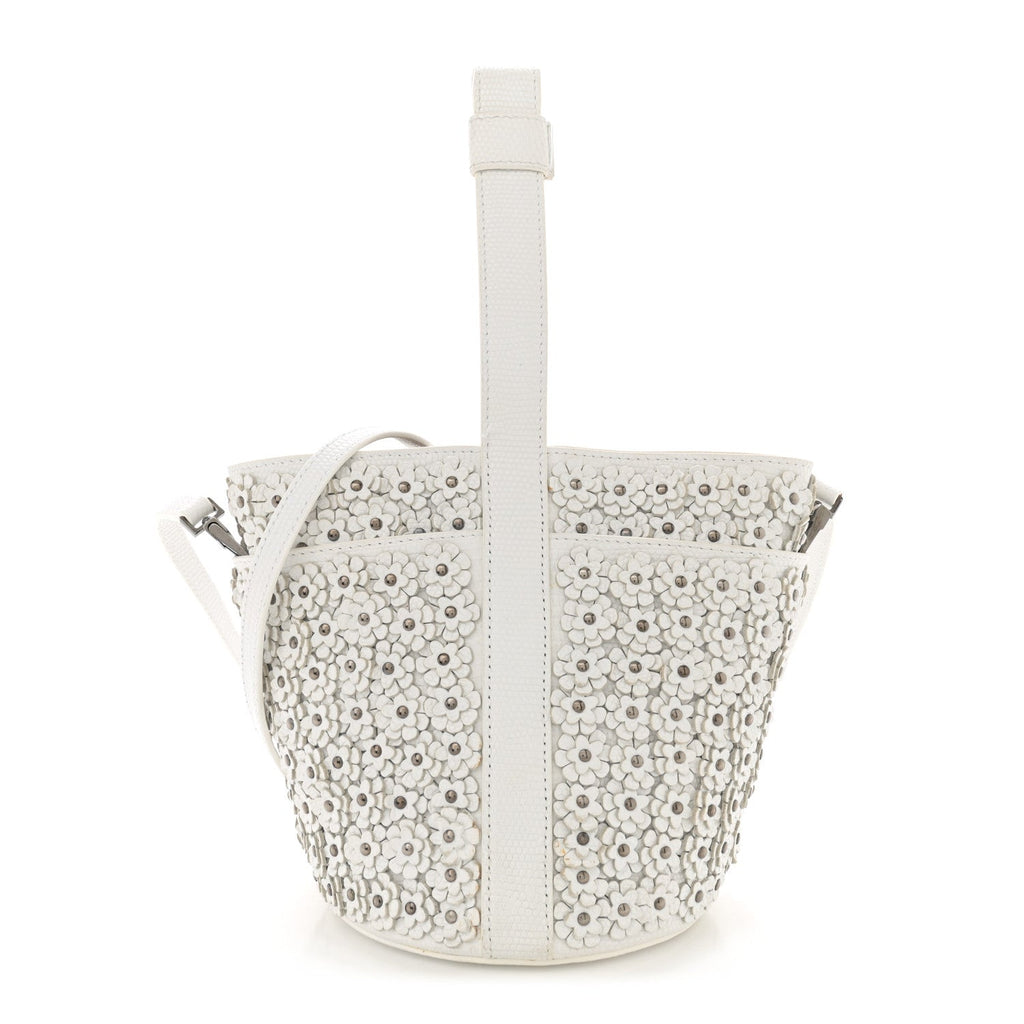 Lizard Embossed Calfskin Flower Applique Bucket Bag White