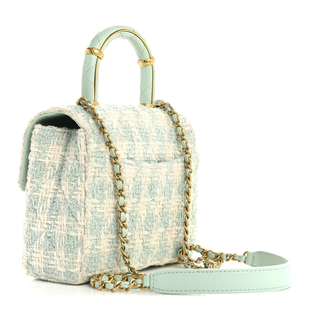 Tweed Handle Crush Top Handle Flap Bag Light Blue Ecru