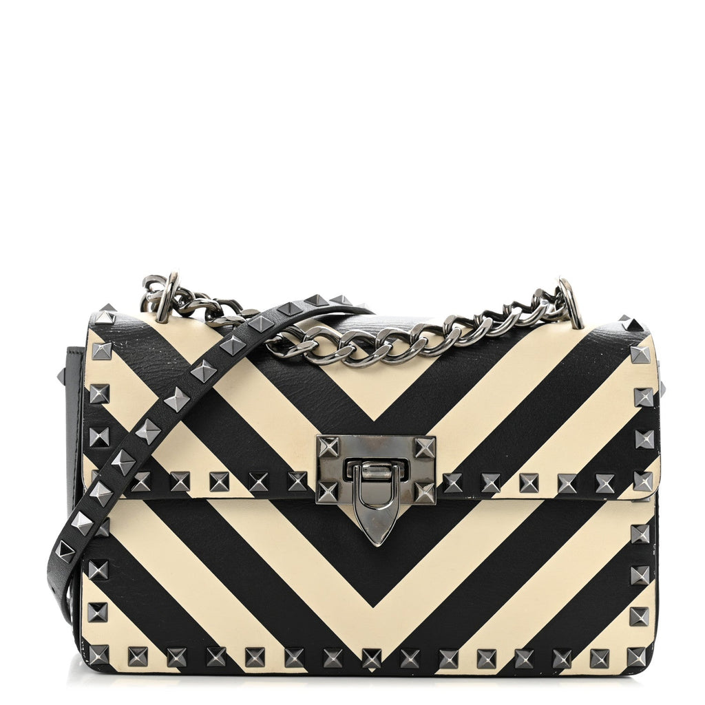 Vitello Chevron Medium Rockstud Flip Lock Crossbody Bag Light Ivory Black