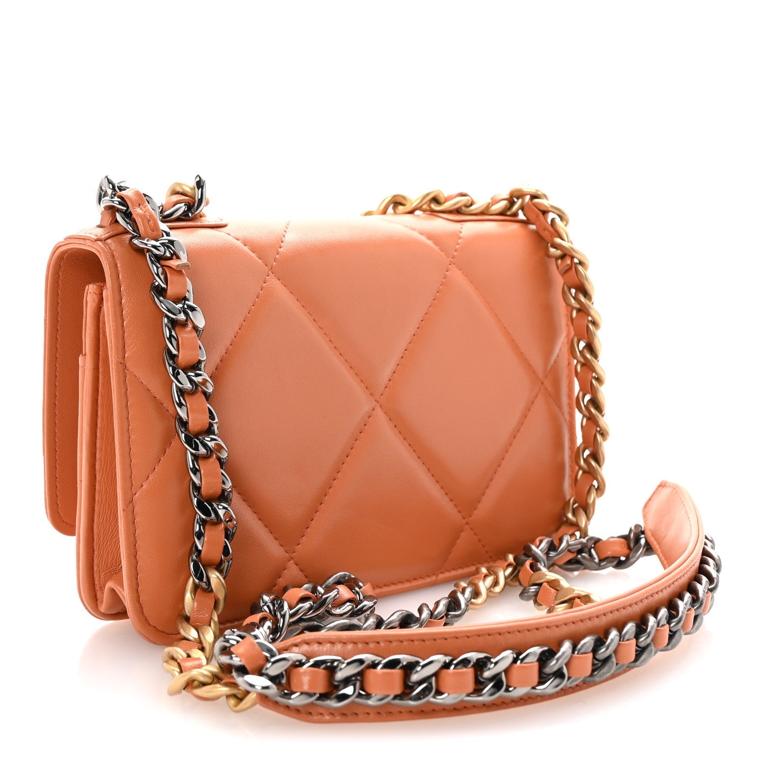 Lambskin Quilted Chanel 19 Wallet On Chain WOC Orange