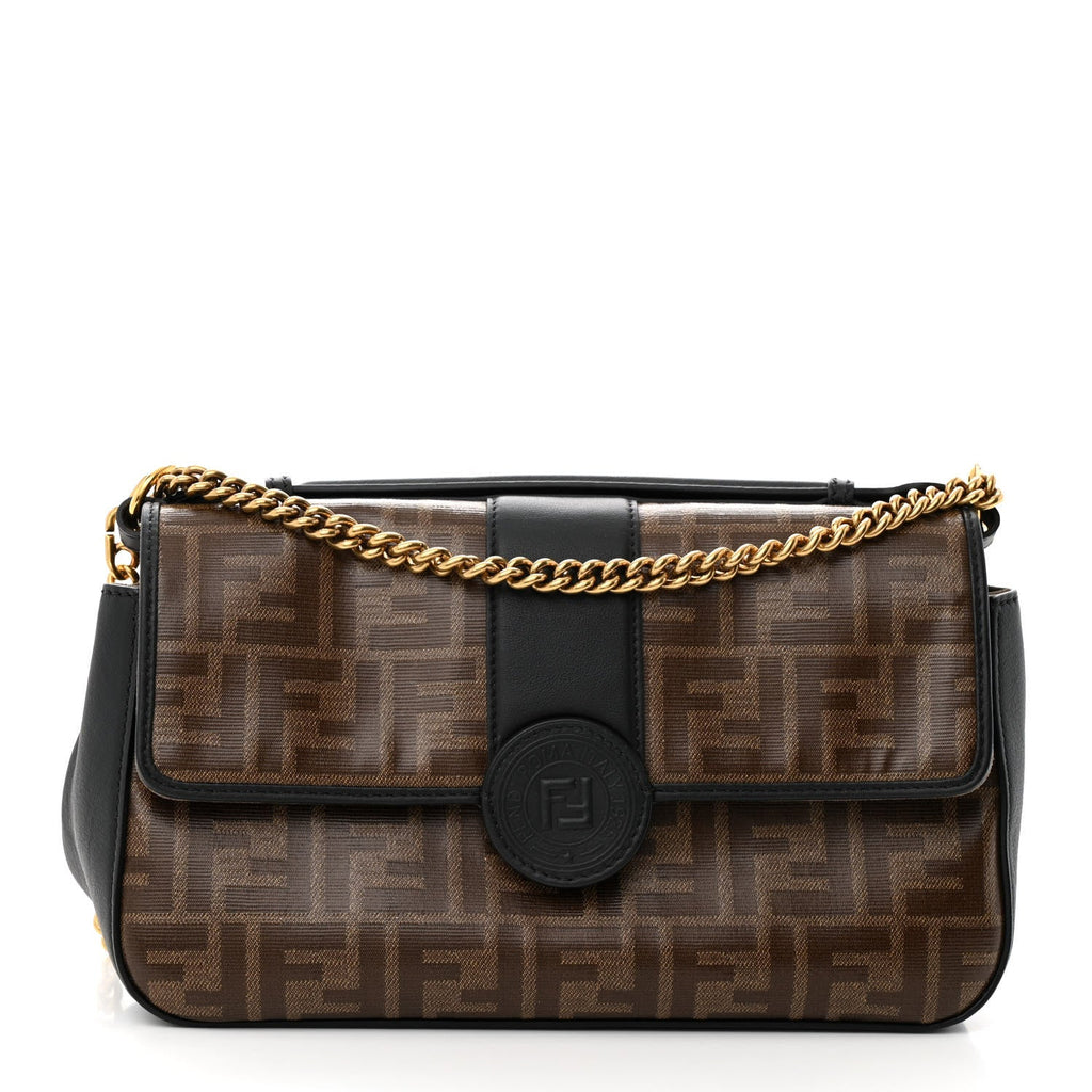 Vitello Grace Glazed Fabric FF 1974 Double F Shoulder Bag Black Mogano Panna
