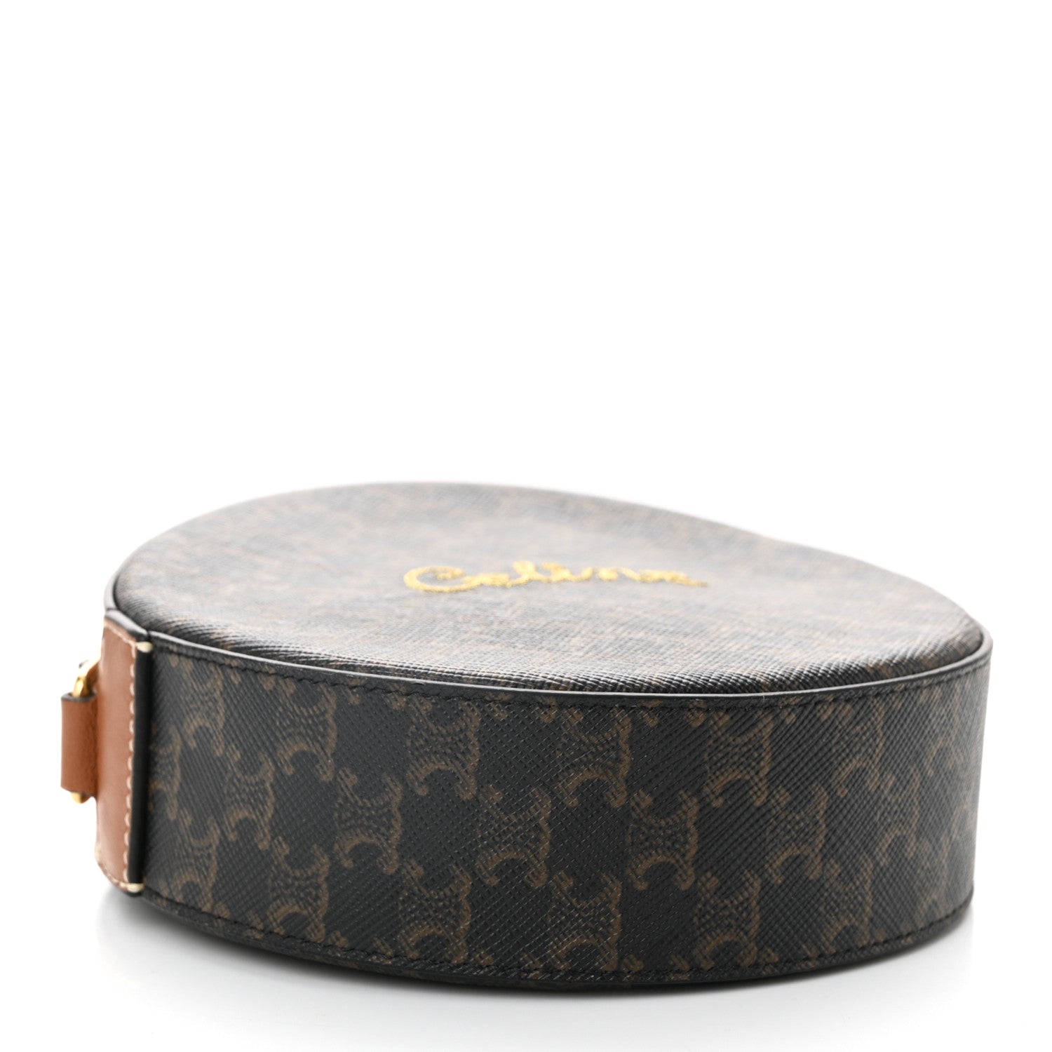 Triomphe Canvas Embroidered Logo Round Purse On Strap Black Tan