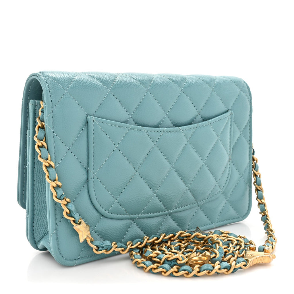 Caviar Quilted Glitter CC Roller Skate Wallet on Chain WOC Light Blue