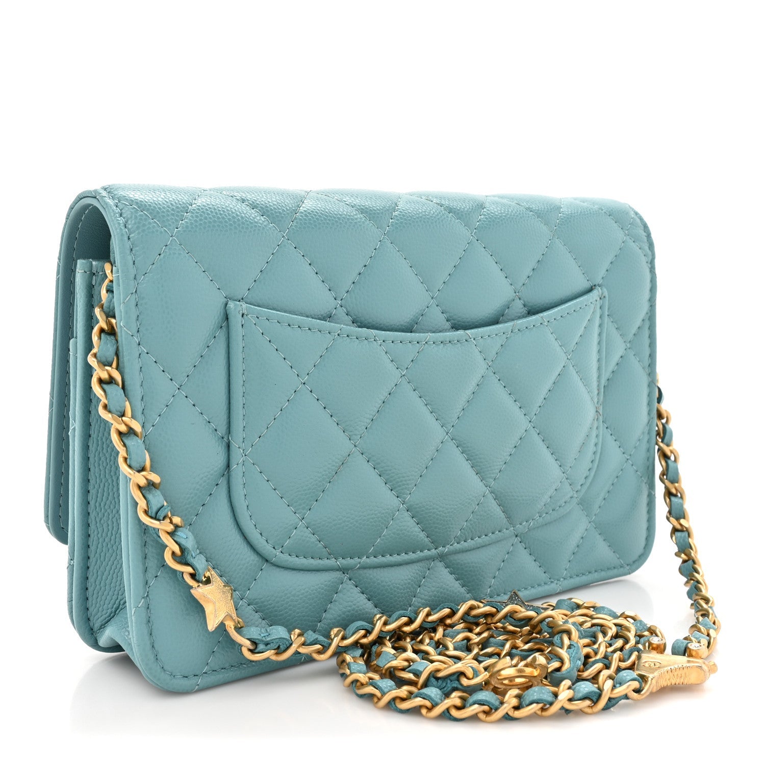 Caviar Quilted Glitter CC Roller Skate Wallet on Chain WOC Light Blue