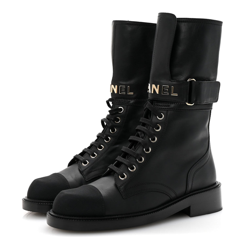 Shiny Calfskin Lace Up Combat Boots 38 Black