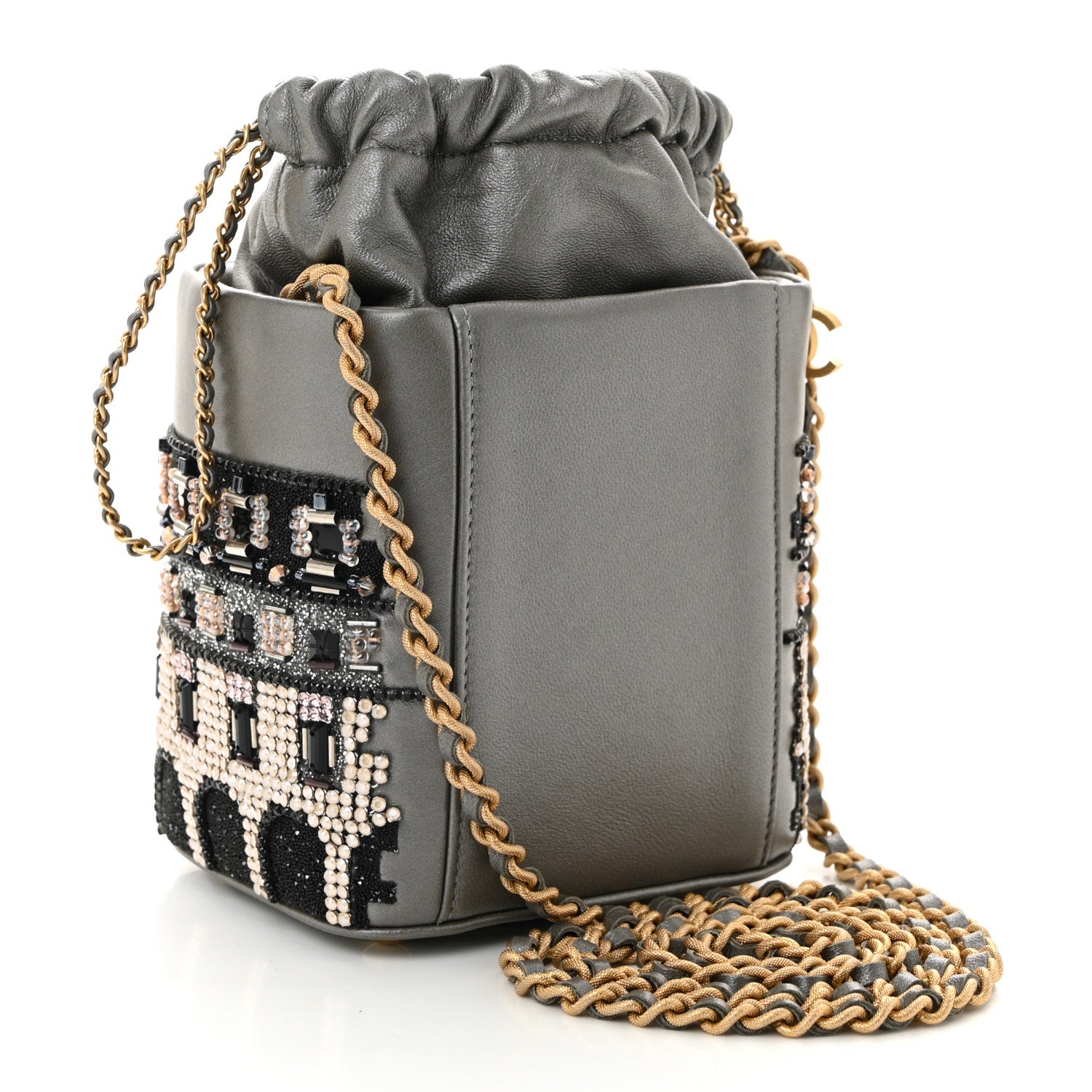 Metallic Lambskin Crystal Metiers D'Art Chateau de Chenonceau Bucket Bag Grey