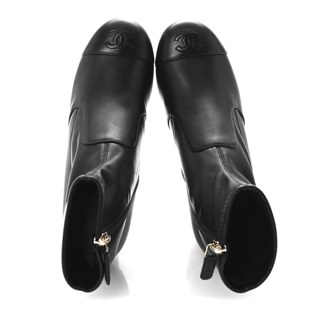 Stretch Lambskin Cap Toe CC Short Boots 37.5 Black