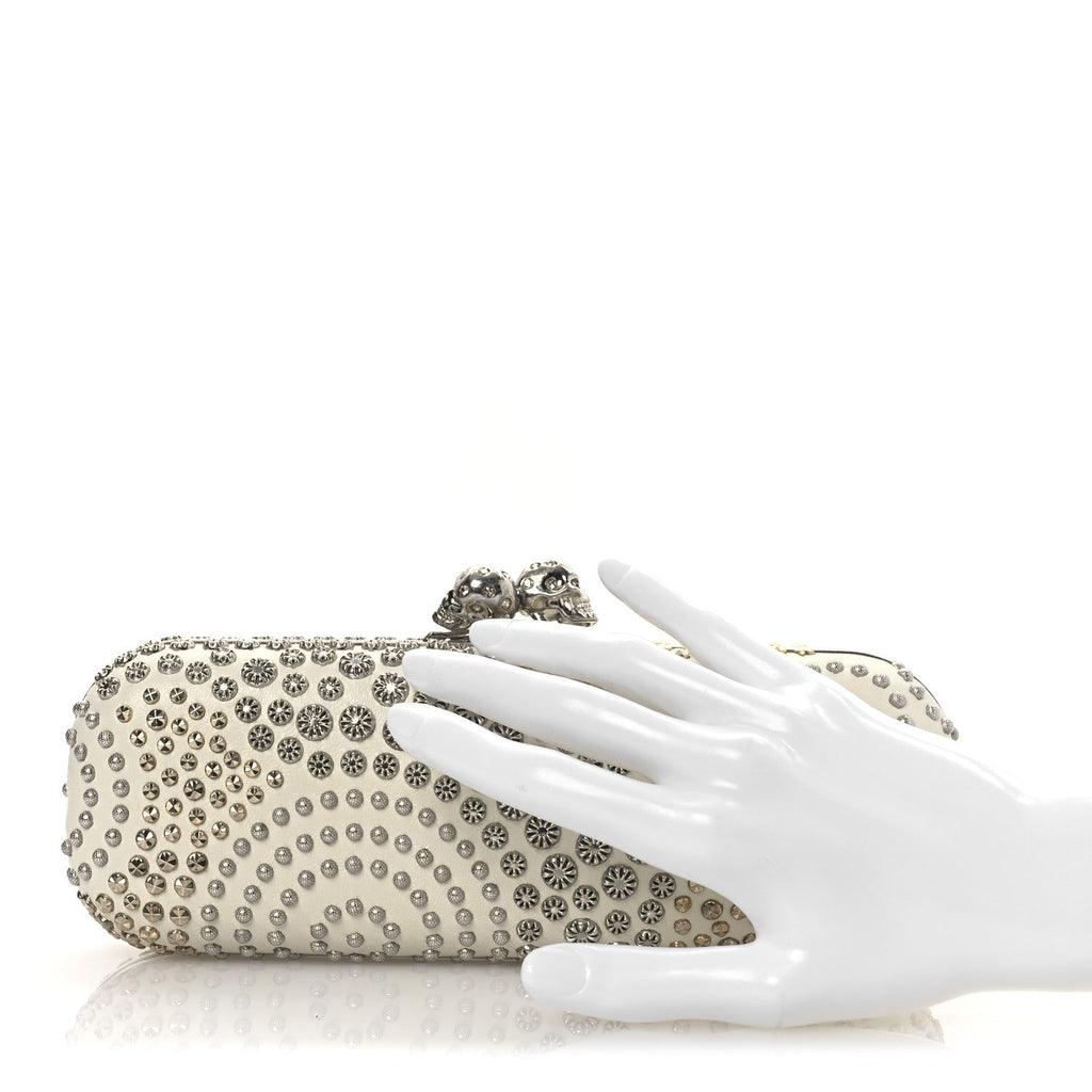 Nappa Studded Twin Skull Box Clutch Ivory
