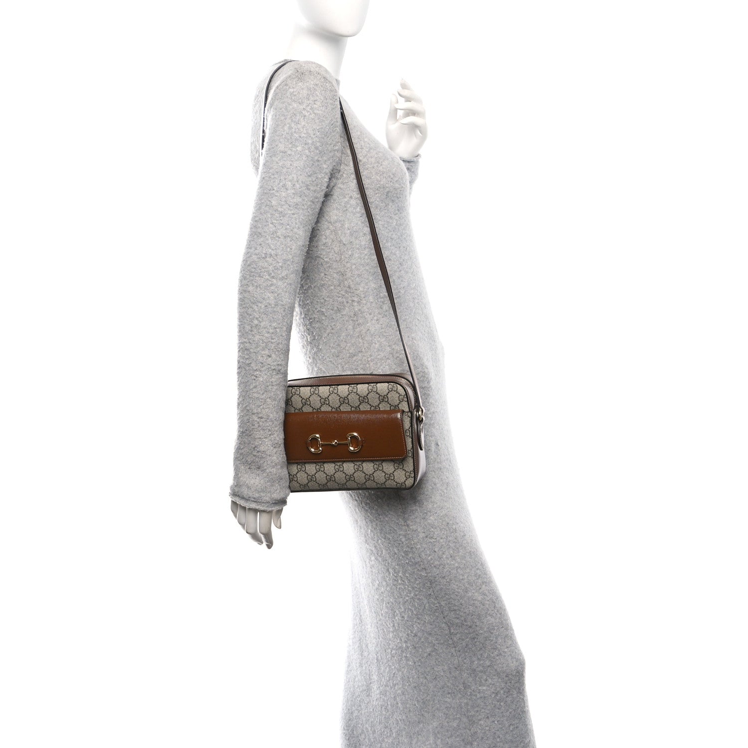 GG Supreme Monogram Small Horsebit 1955 Shoulder Bag Beige Brown Sugar