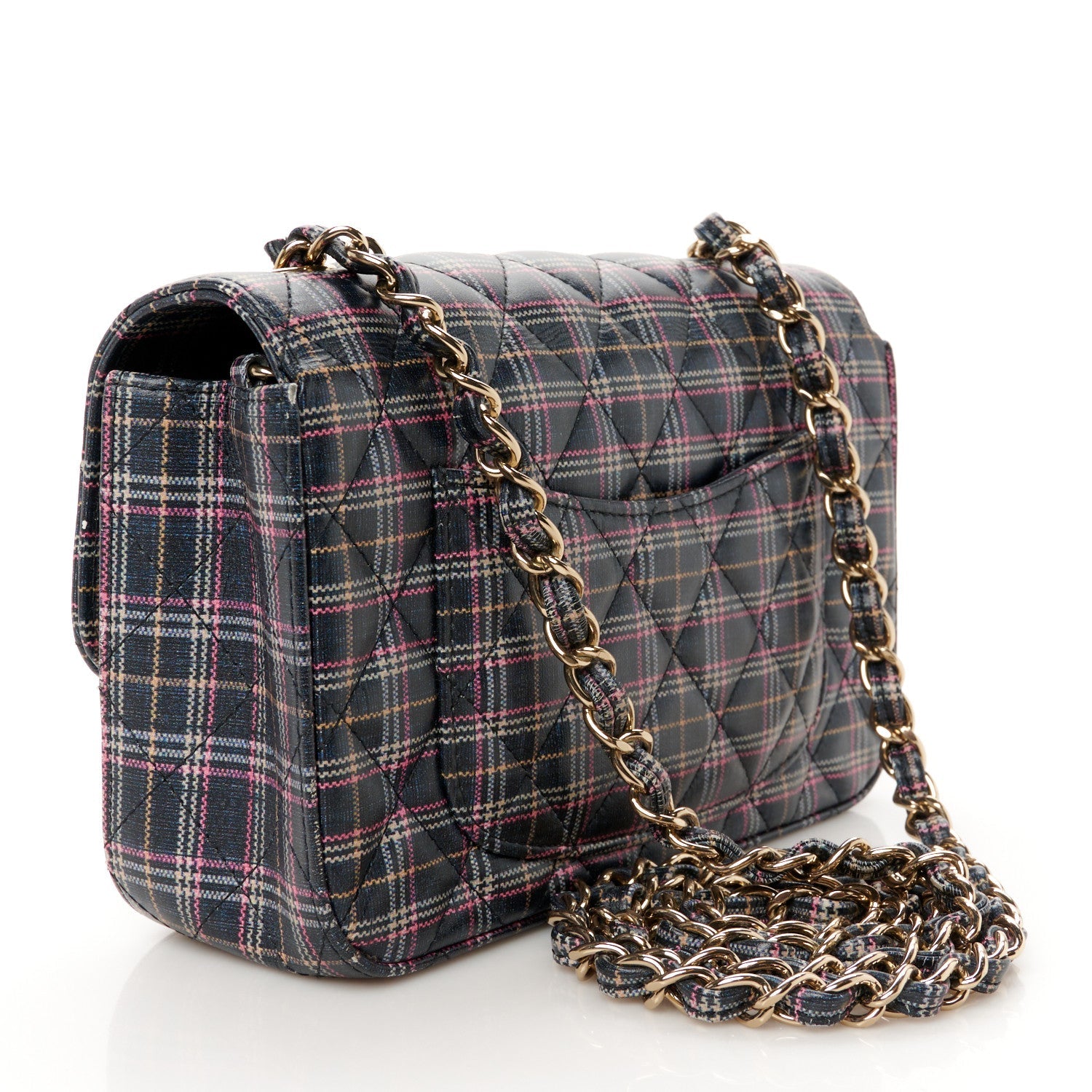 Calfskin Quilted Plaid Printed Small Single Flap Navy Multicolor