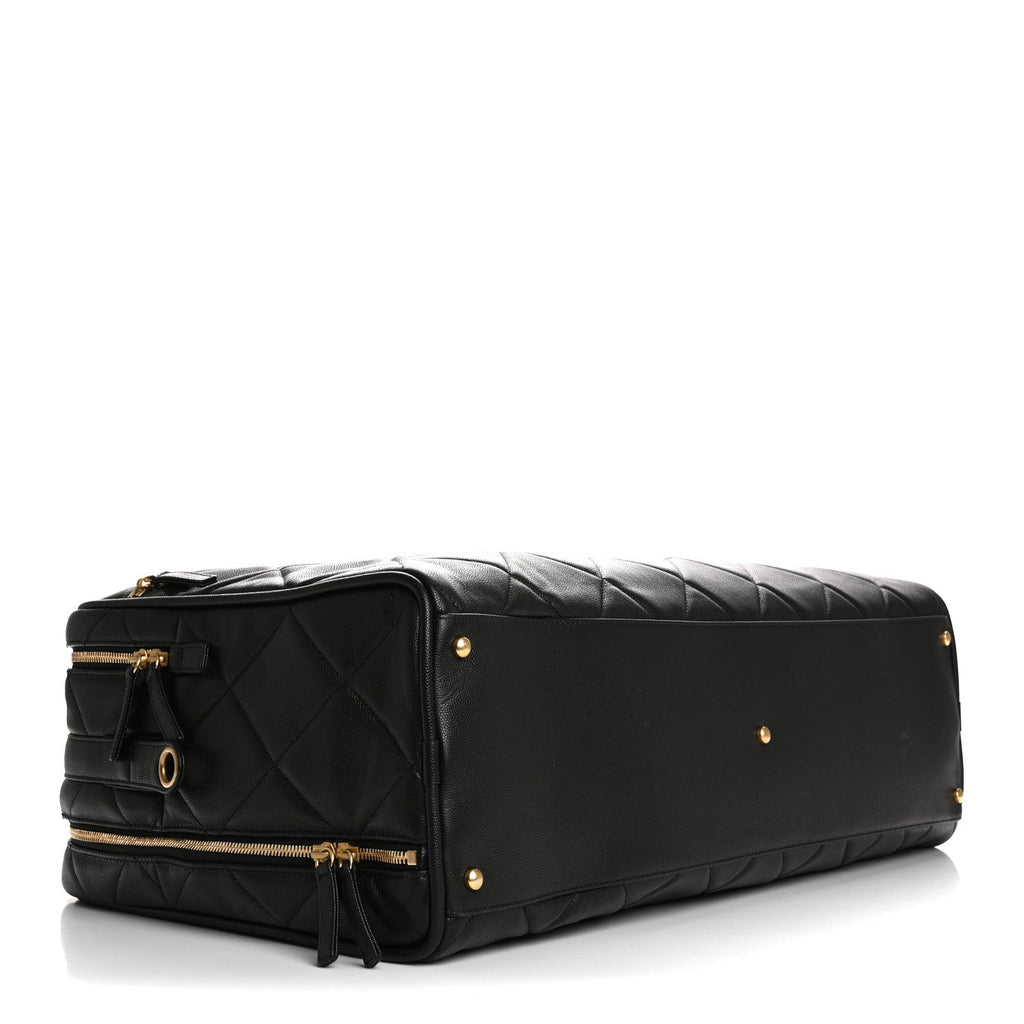 Shiny Grained Calfskin Quilted Large Travel Bowling Bag Black