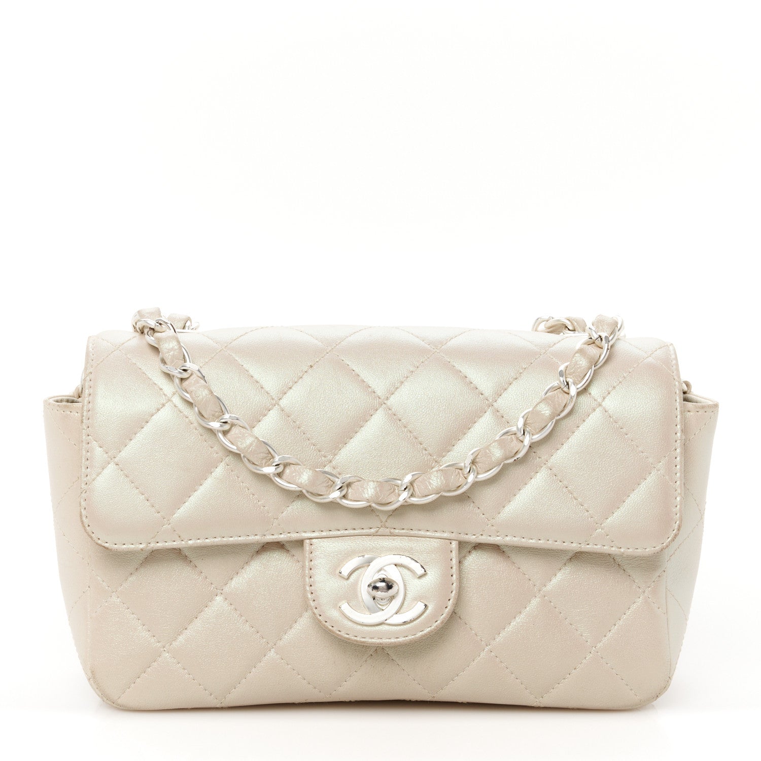 Iridescent Lambskin Quilted Mini Rectangular Flap Ivory