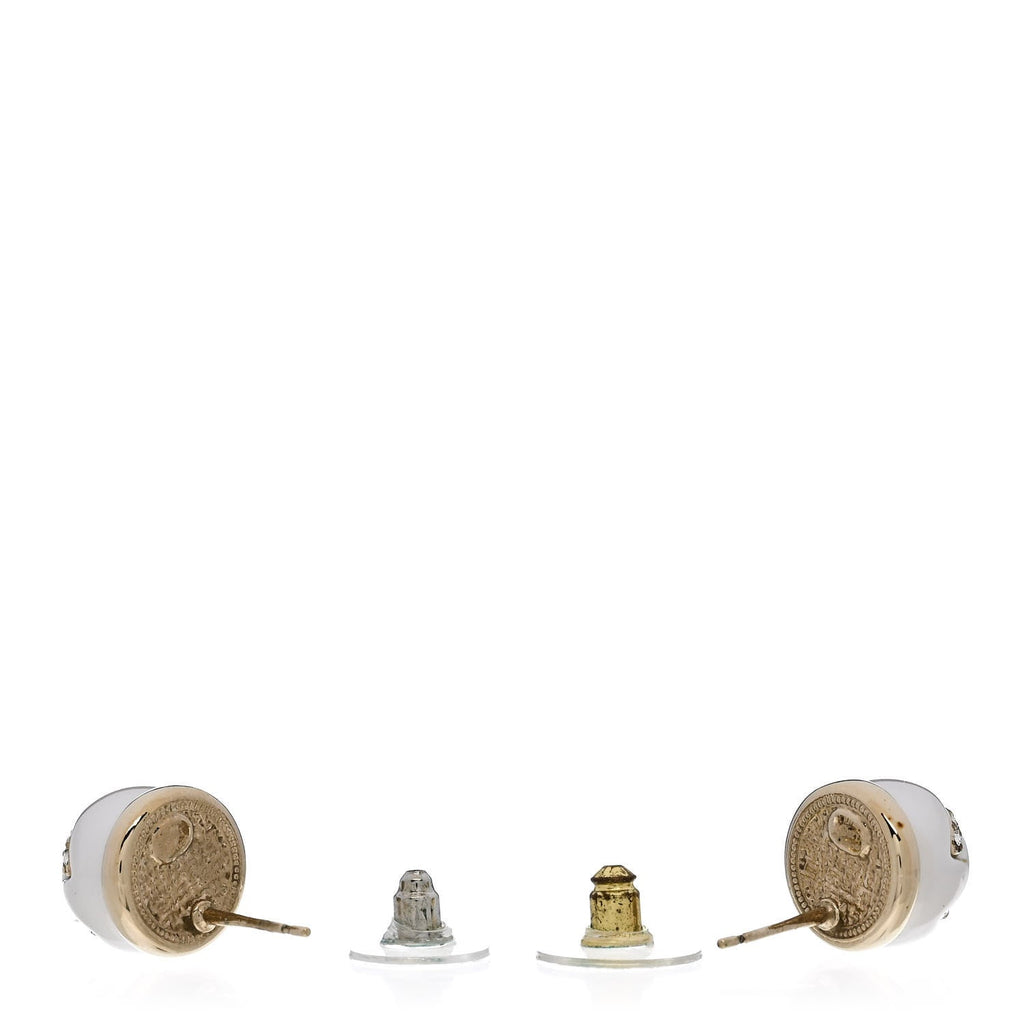 Pearl Crystal Metal CC Round Earrings Gold