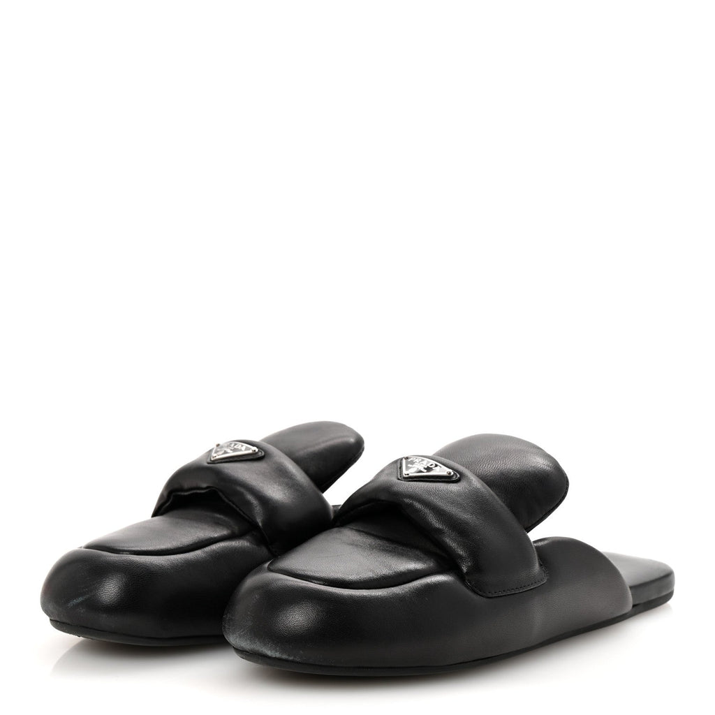 Nappa Soft Padded Metal Triangle Logo Lug Sole 20mm Mules 40.5 Black