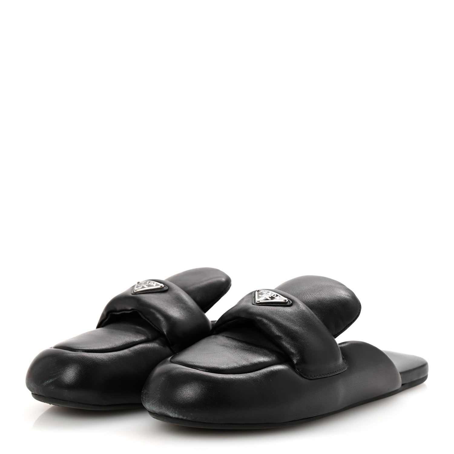 Nappa Soft Padded Metal Triangle Logo Lug Sole 20mm Mules 40.5 Black