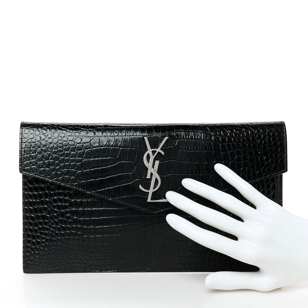 Calfskin Crocodile Embossed Uptown Monogram Pouch Black