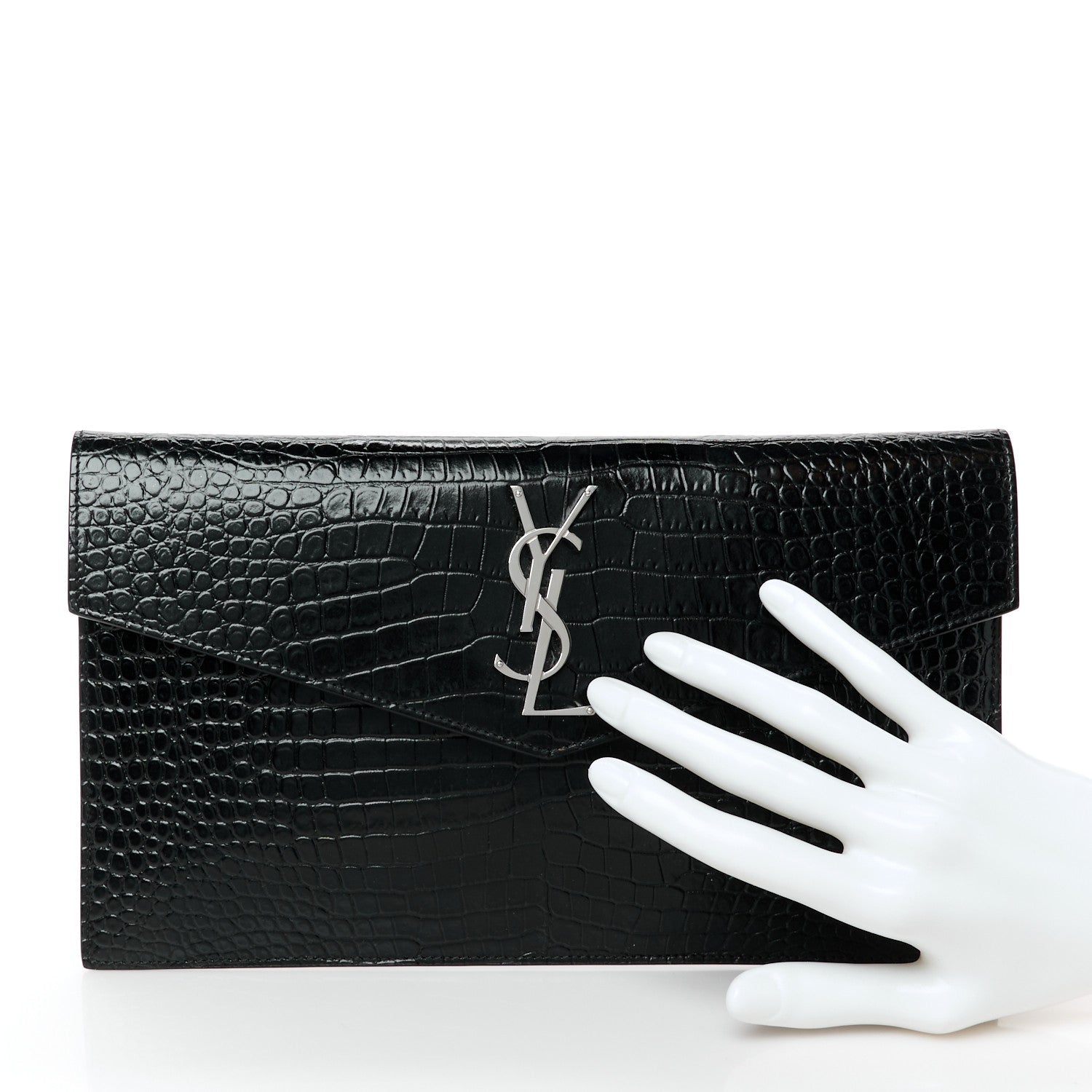 Calfskin Crocodile Embossed Uptown Monogram Pouch Black