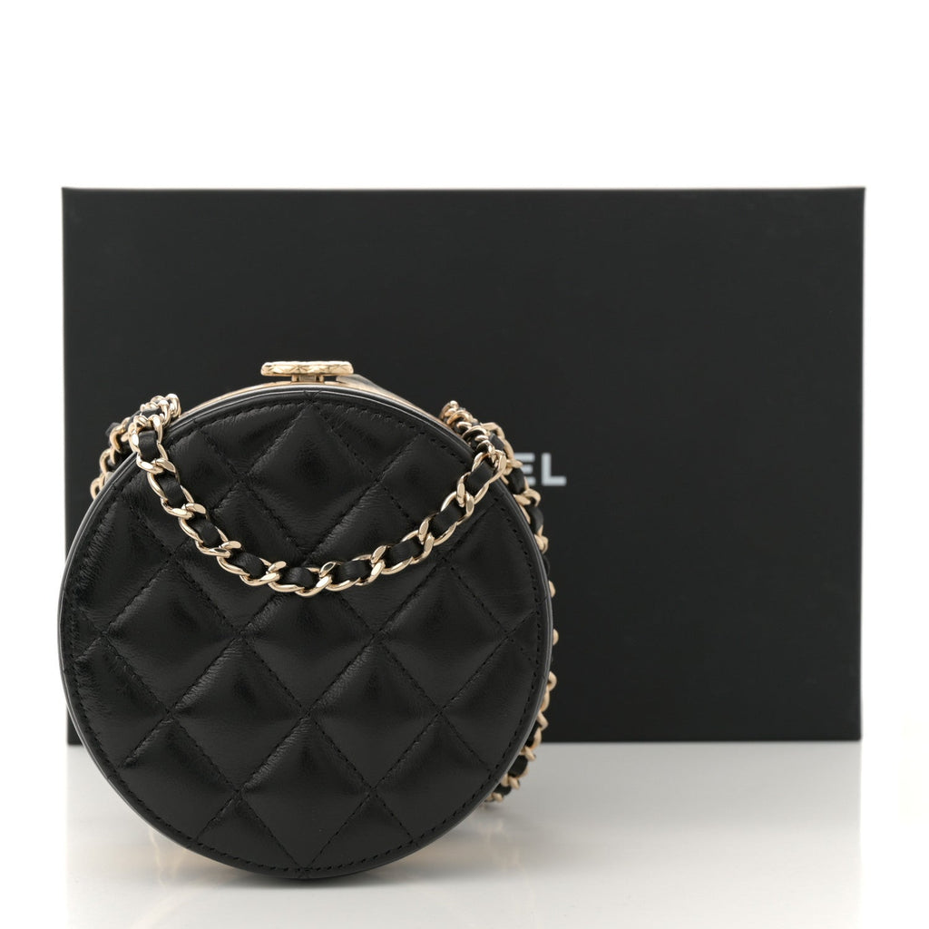 Metal Lambskin Quilted Round Lock Frame Vanity Clutch With Chain Black