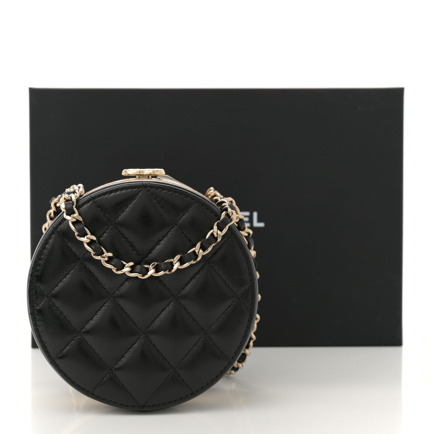 Metal Lambskin Quilted Round Lock Frame Vanity Clutch With Chain Black