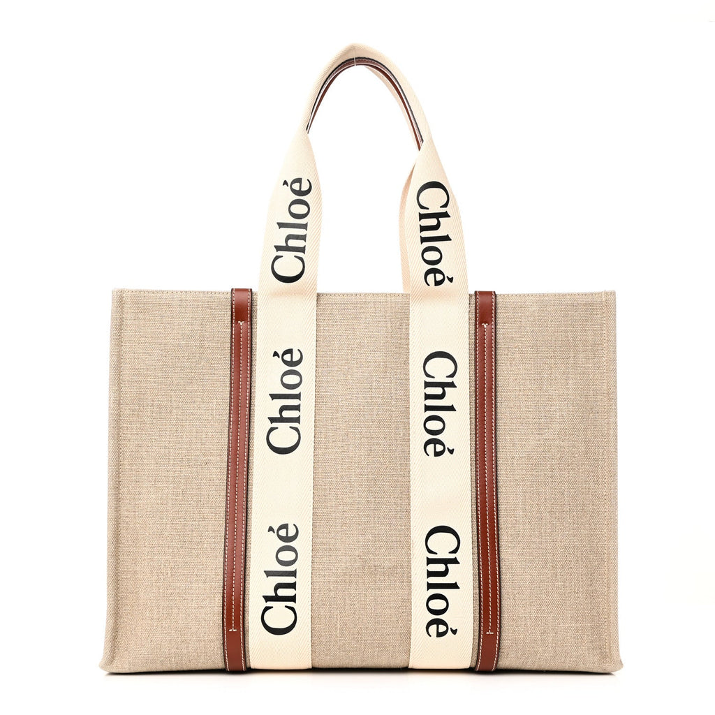 Linen Calfskin Large Woody Ribbon Tote White Brown