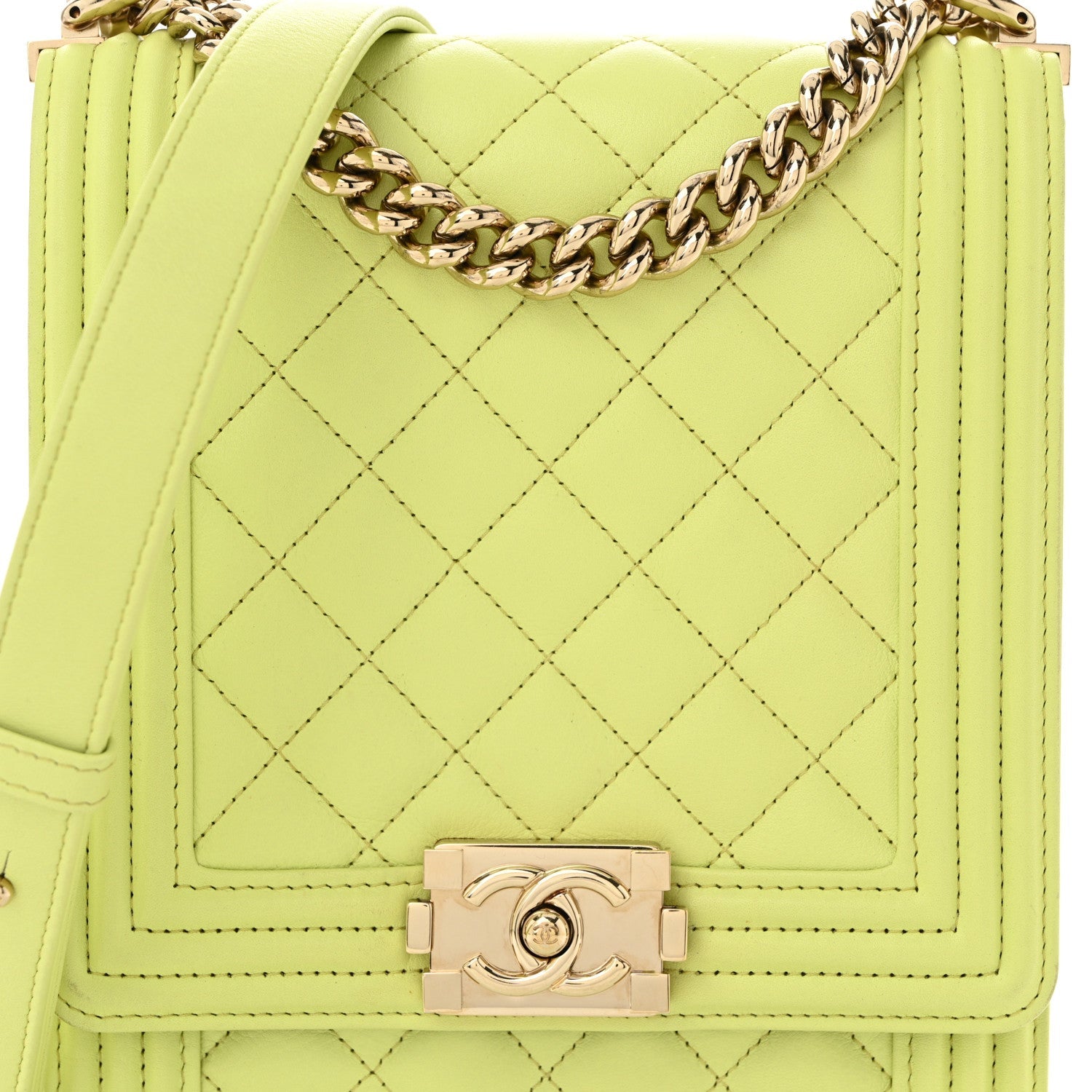 Calfskin Quilted North South Boy Flap Light Green