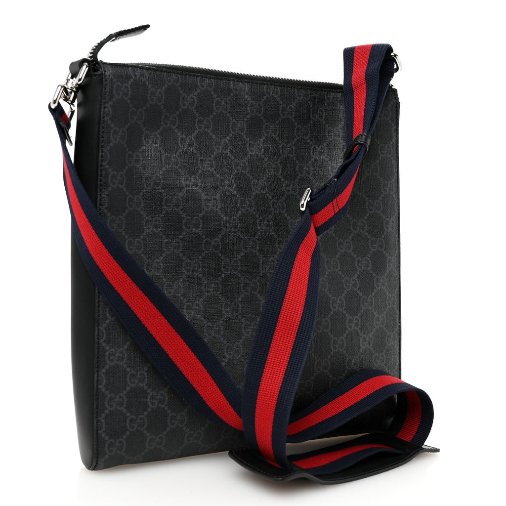GG Supreme Monogram Appia Calfskin Web Flat Messenger Bag Black Grey