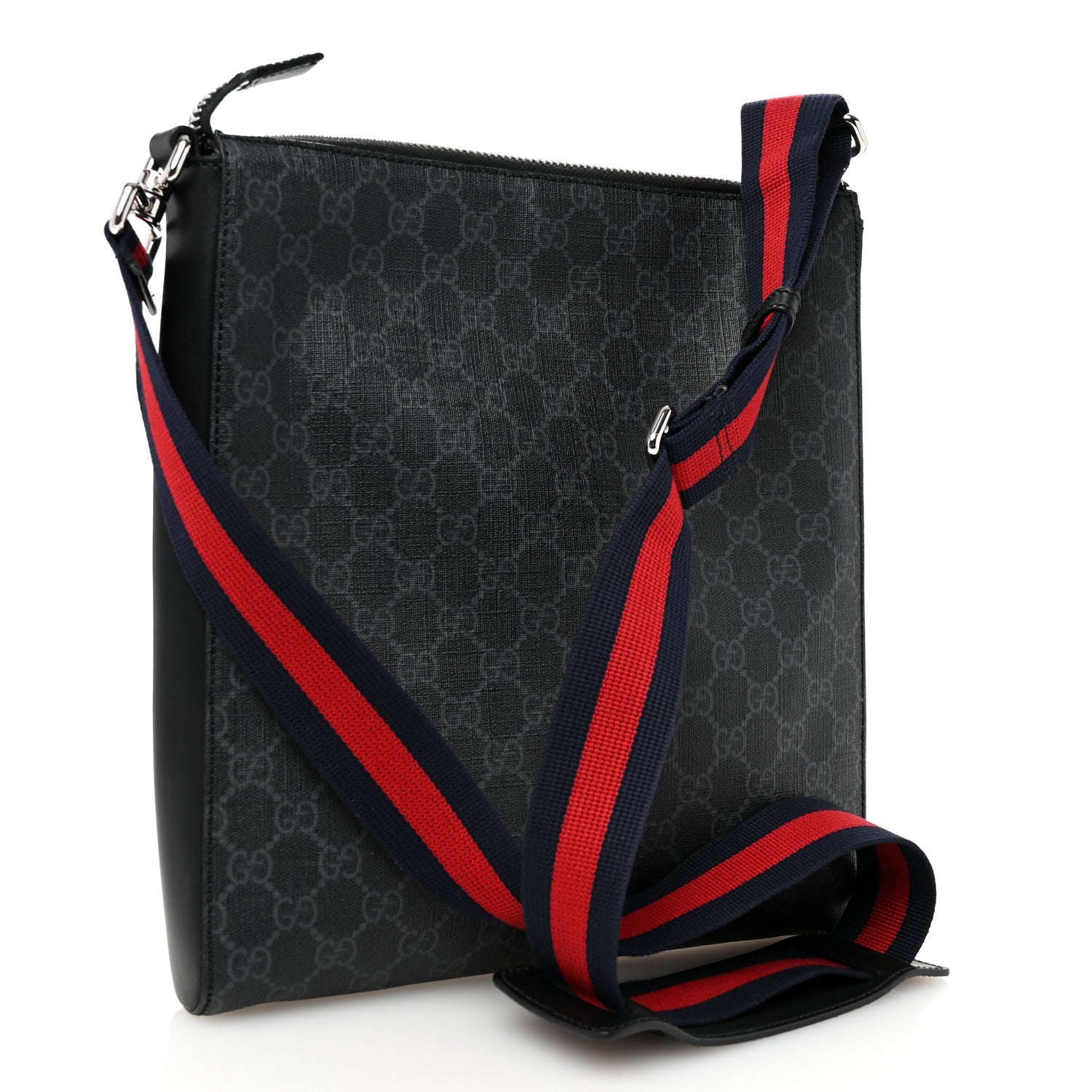GG Supreme Monogram Appia Calfskin Web Flat Messenger Bag Black Grey