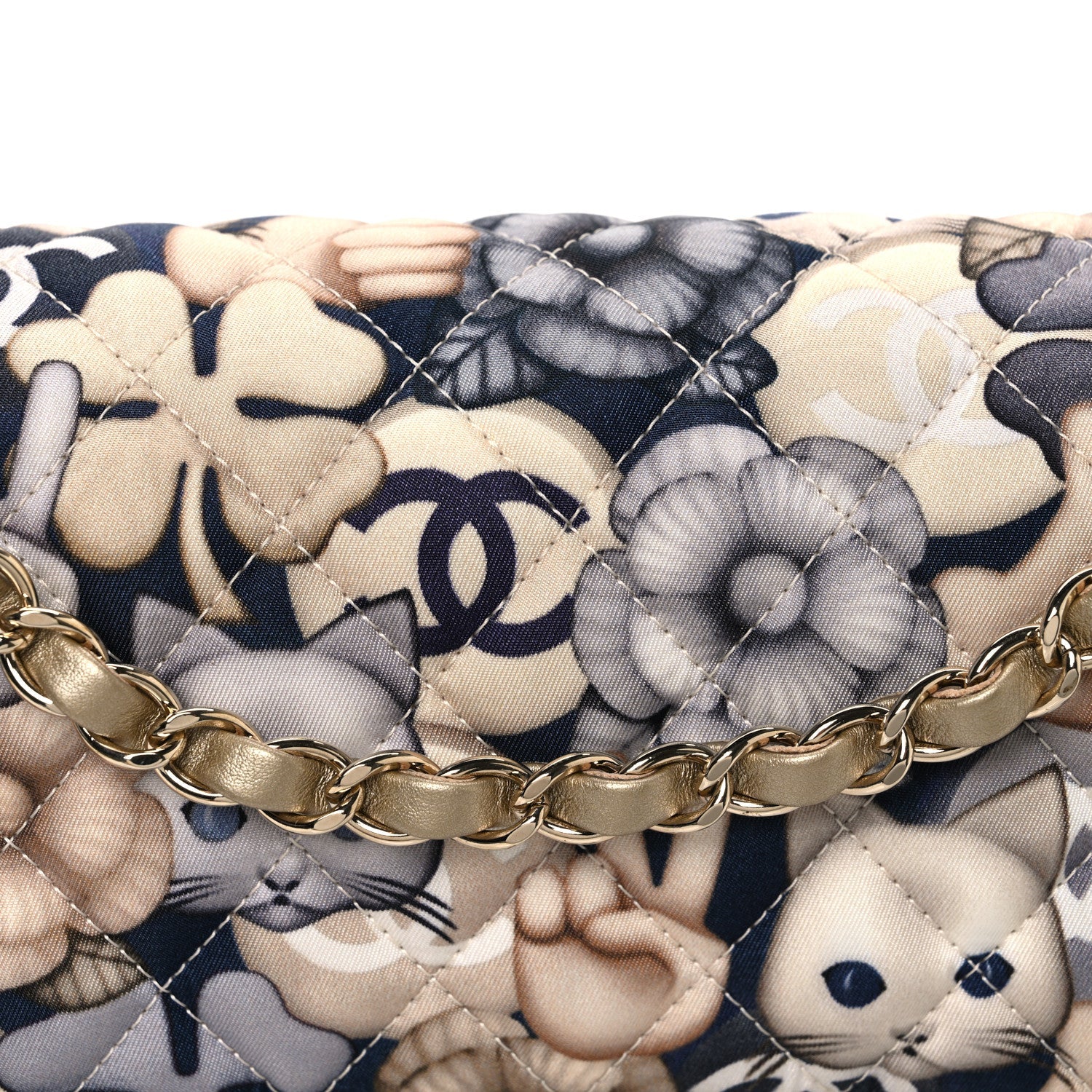Nylon Quilted Medium Cat Emoticon Double Flap Navy Grey Ecru