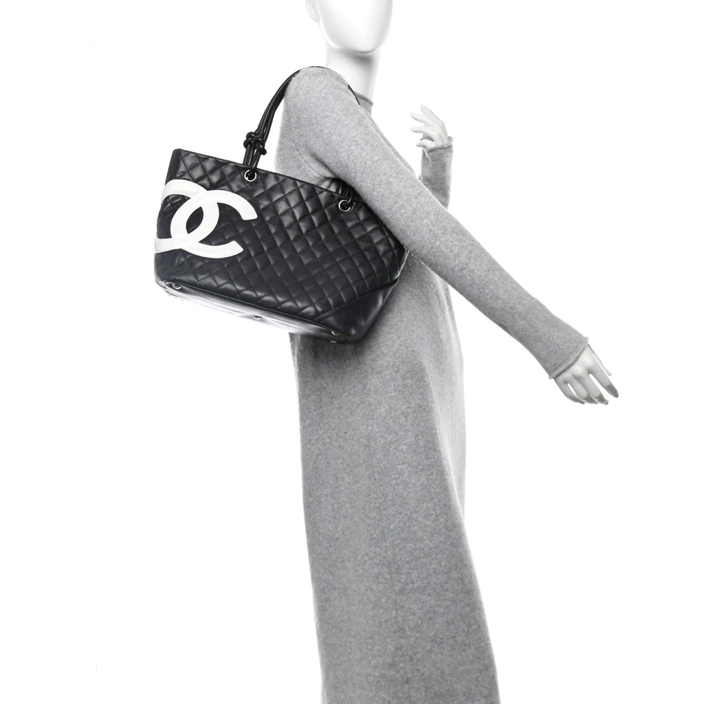 Calfskin Quilted Large Cambon Tote Black White