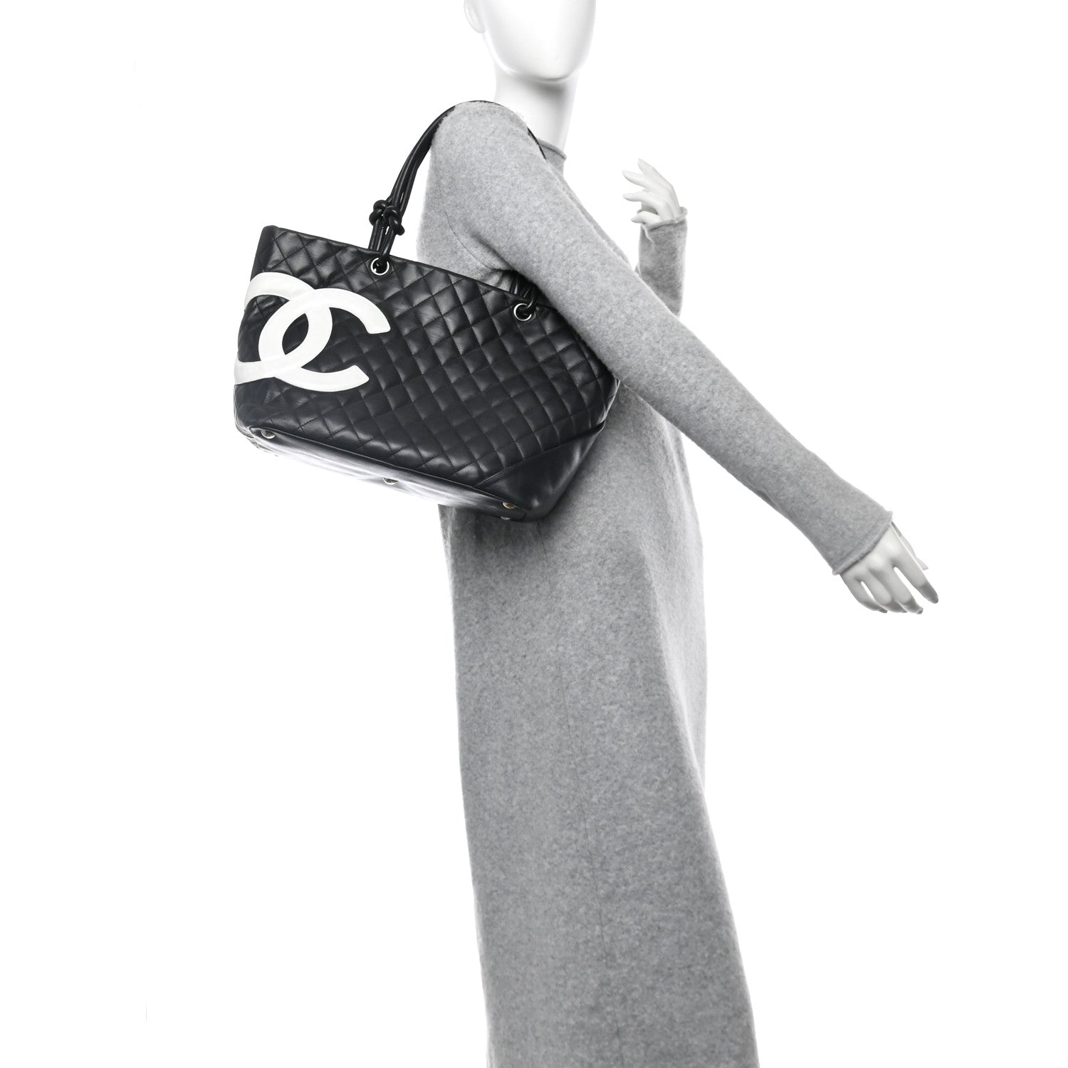 Calfskin Quilted Large Cambon Tote Black White