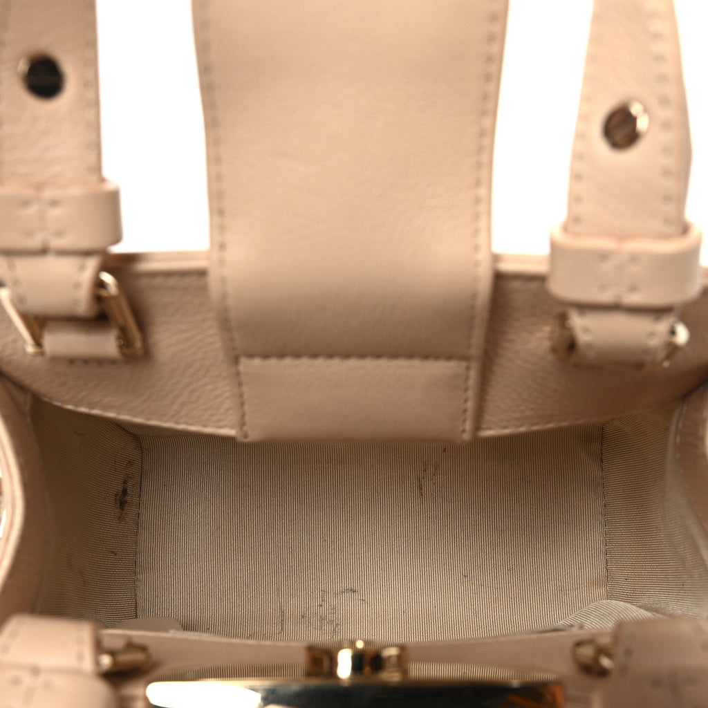 Grained Calfskin Stitched Mini Label  Shopper Tote Beige
