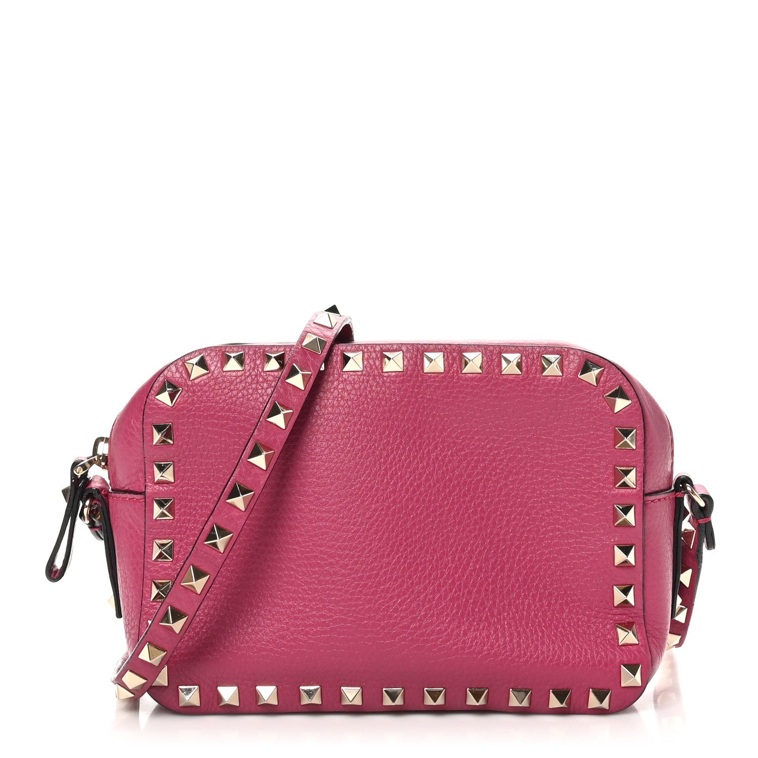 Pebbled Calfskin Rockstud Camera Crossbody Bag Raspberry