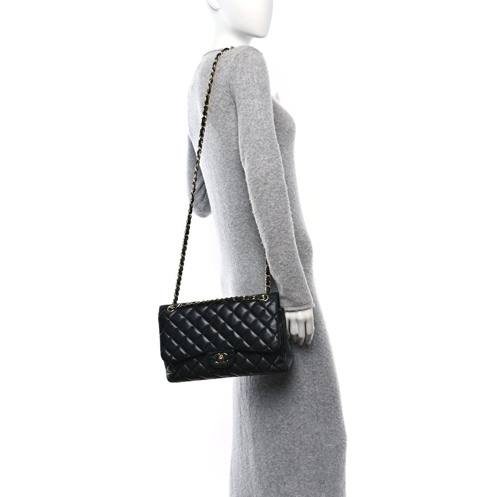 Lambskin Quilted Jumbo Double Flap Black