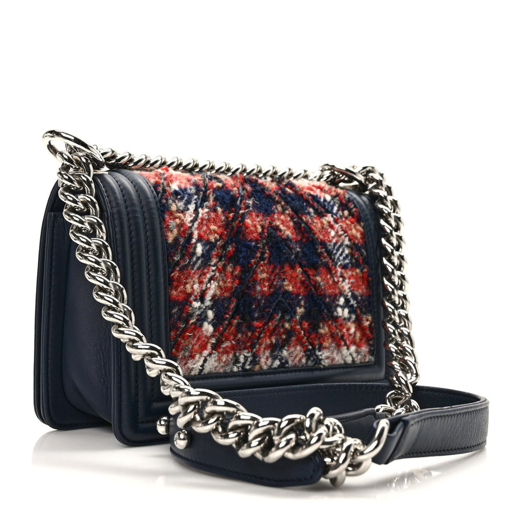 Lambskin Tweed Chevron Small Boy Flap Navy Blue