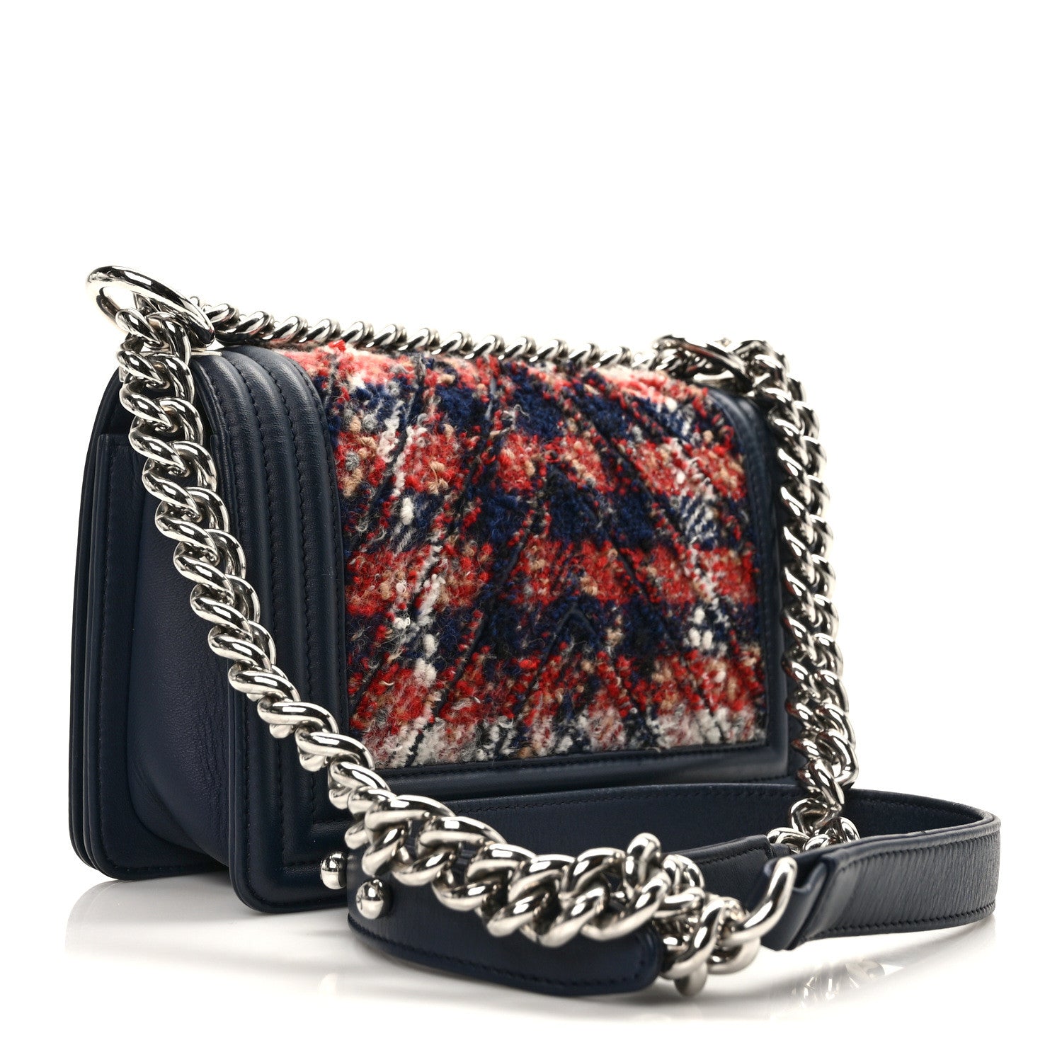 Lambskin Tweed Chevron Small Boy Flap Navy Blue