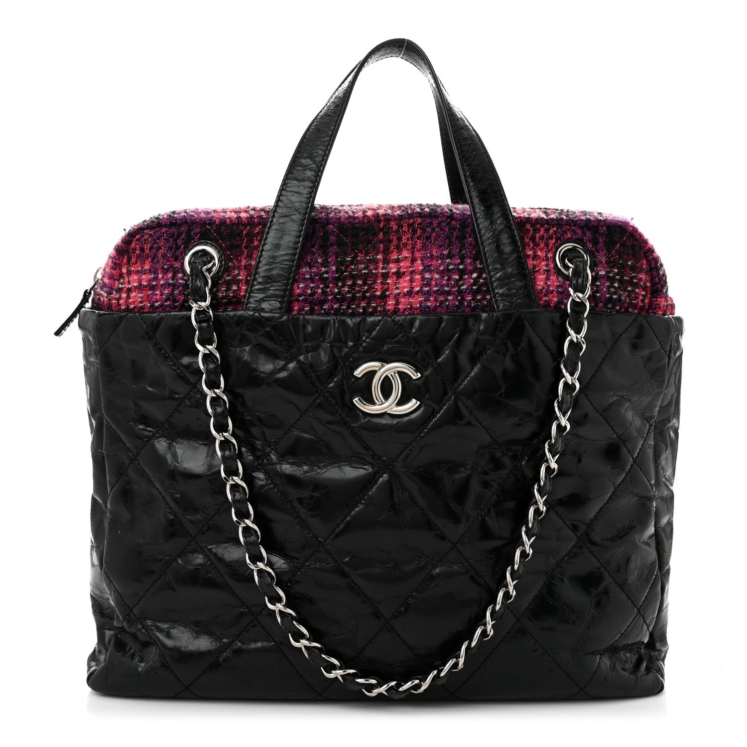 Glazed Calfskin Quilted Tweed Portobello Tote Black Pink