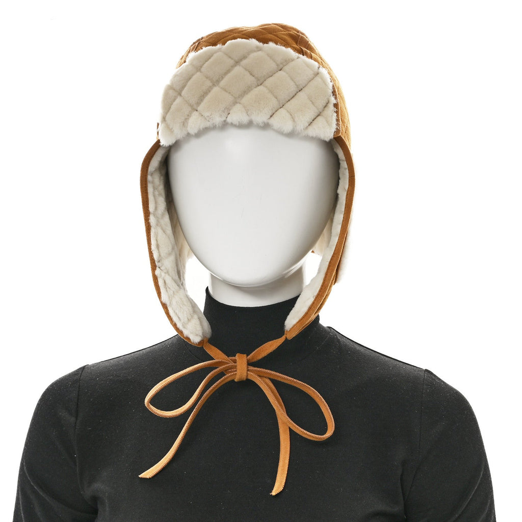 Lambskin Shearling Quilted CC Trapper Hat Brown