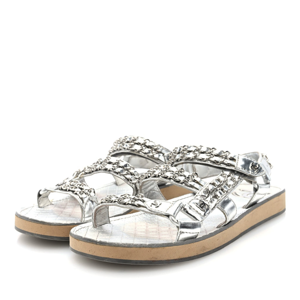 Metallic Laminated Goatskin Chain Flat Sandals 39 Silver