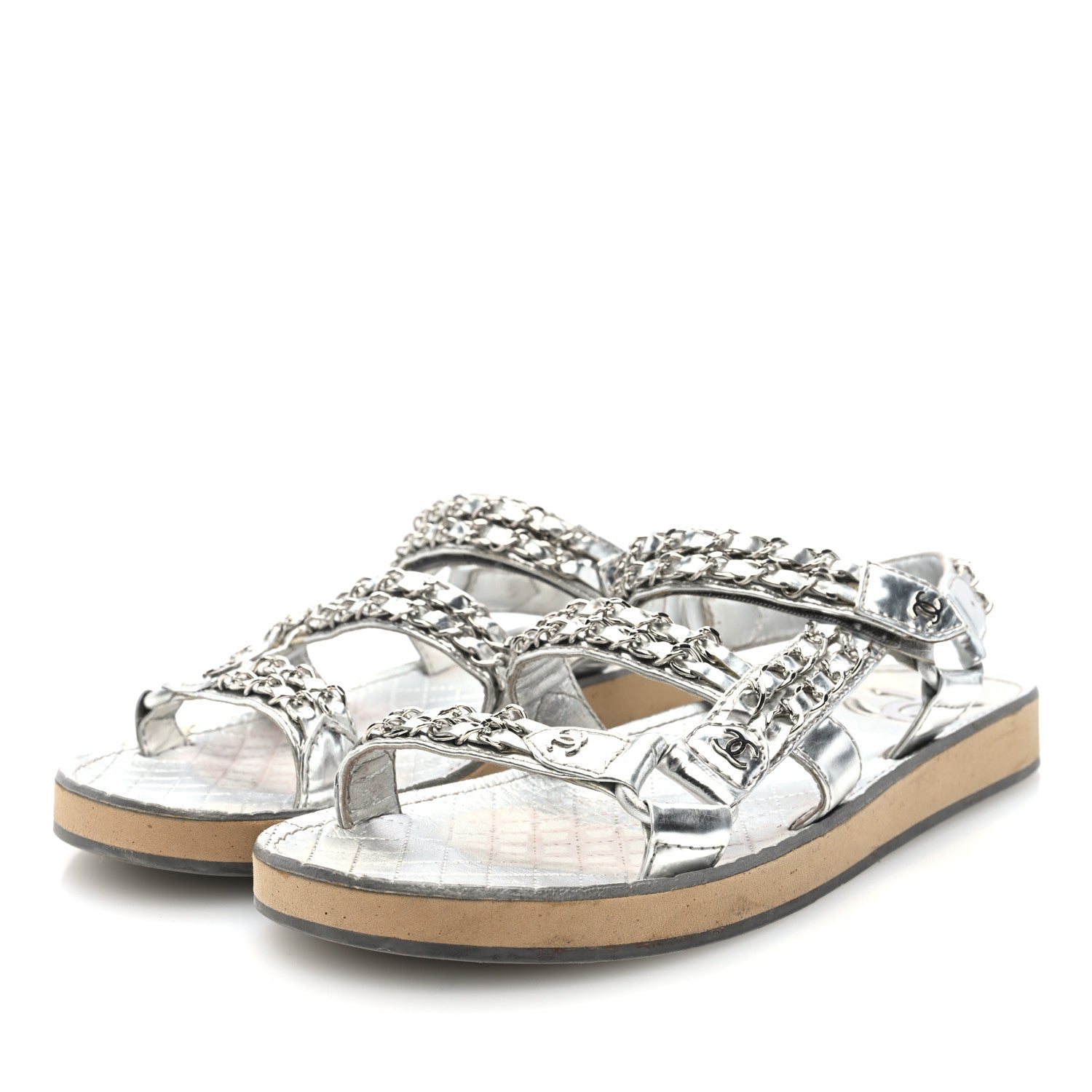 Metallic Laminated Goatskin Chain Flat Sandals 39 Silver