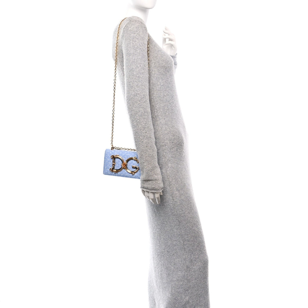 Calfskin Boucle DG Girls Phone Shoulder Bag Light Blue