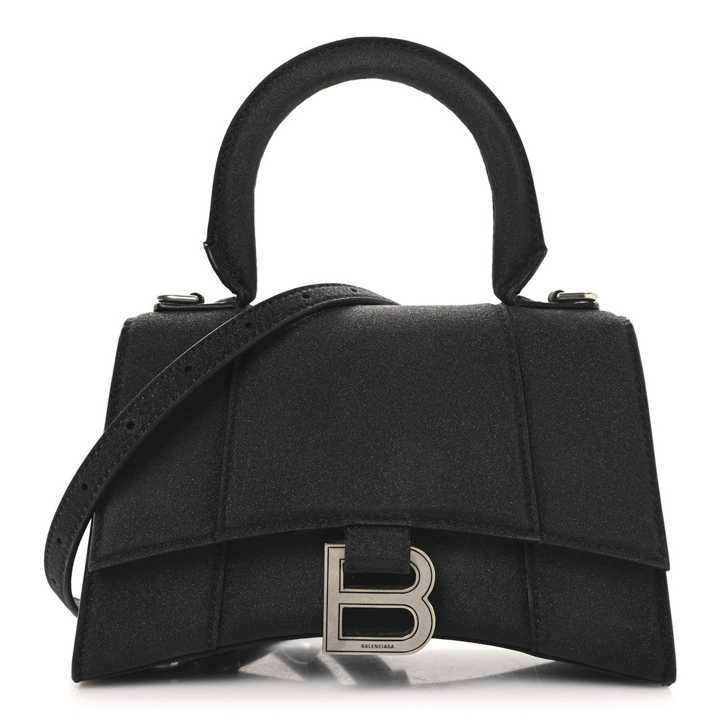 Glitter Fabric Hourglass Top Handle Bag XS Black