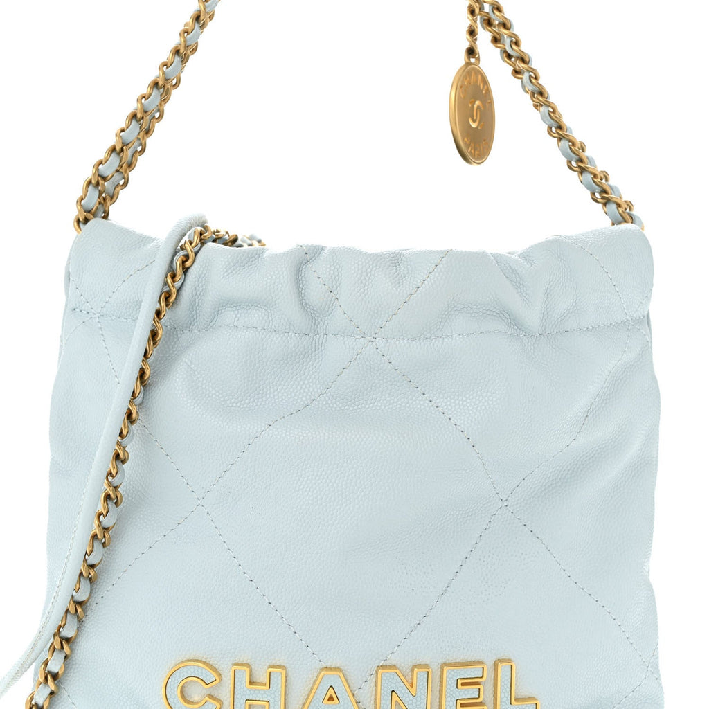 Shiny Caviar Quilted Mini Chanel 22 Light Blue