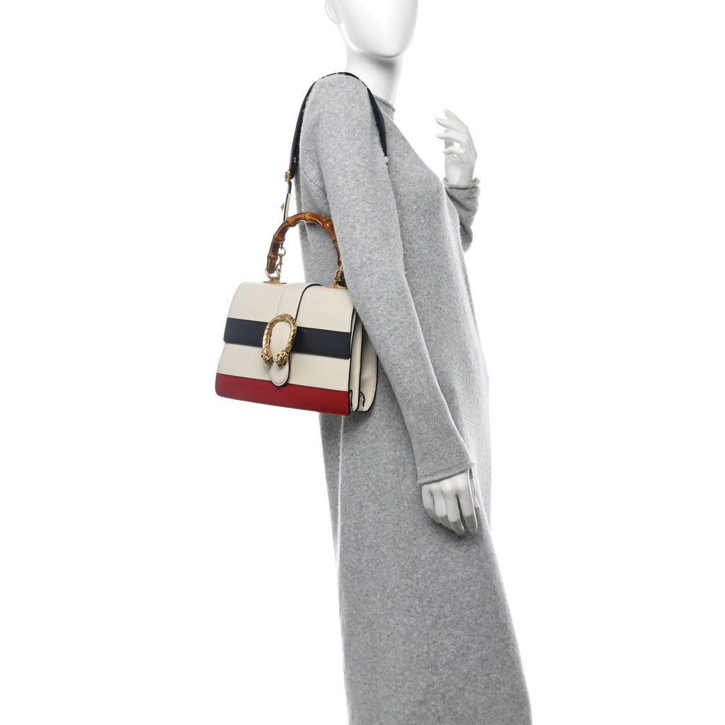 Calfskin Bamboo Web Medium Dionysus Top Handle Bag White Blue Hibiscus Red
