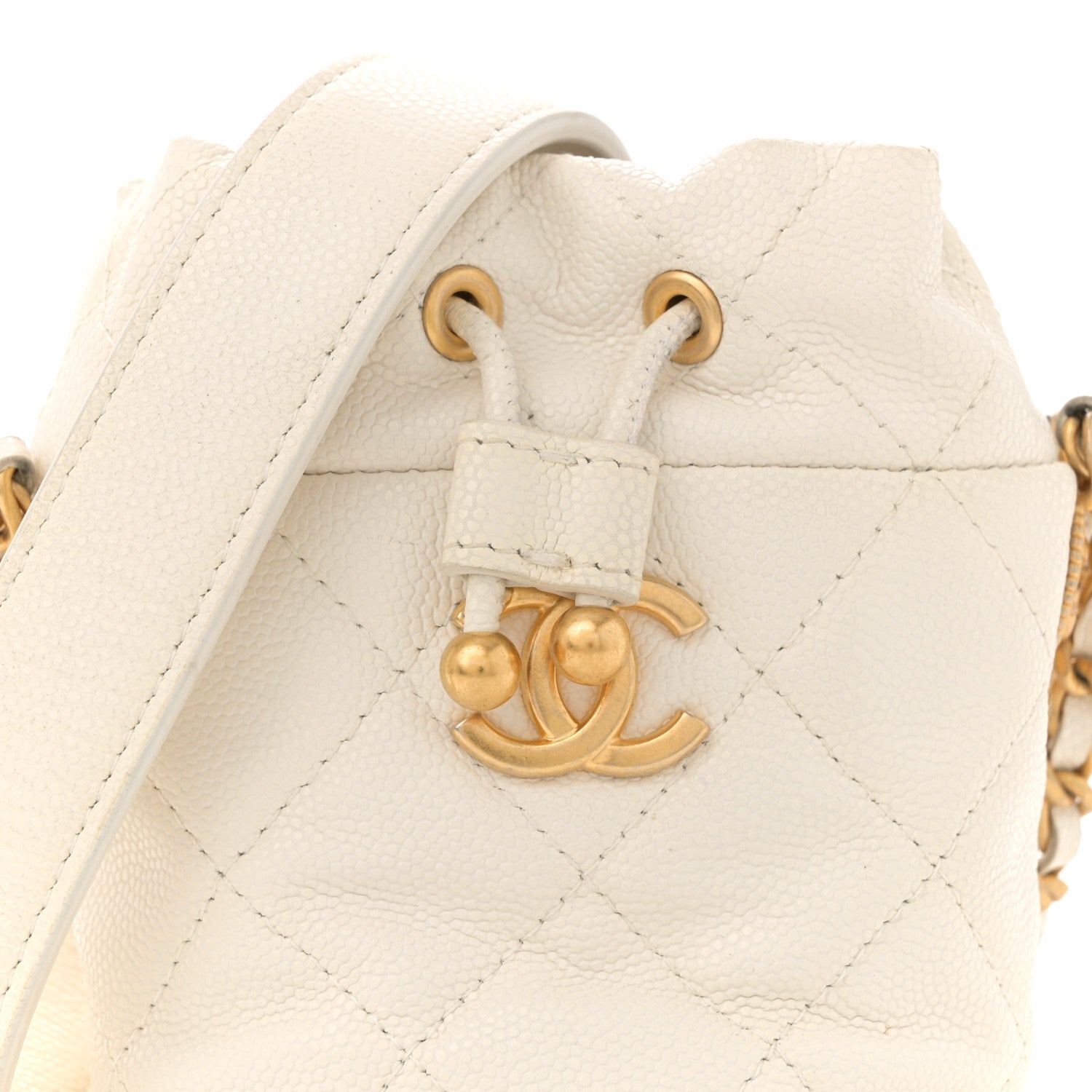 Caviar Quilted Twist Your Buttons Mini Bucket Bag White
