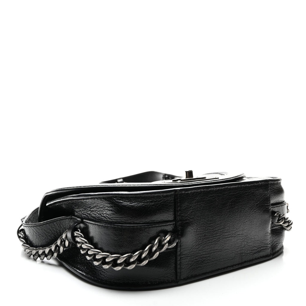 Shiny Goatskin Quilted Small Double Chained Messenger Flap Black
