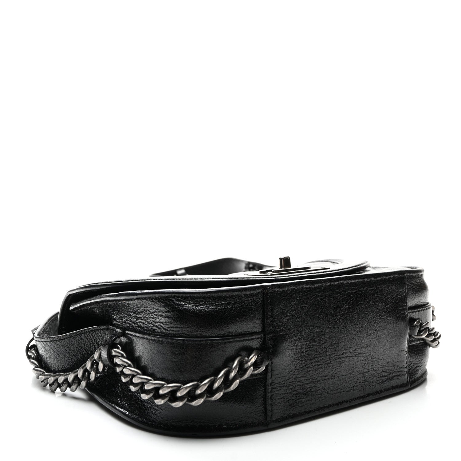 Shiny Goatskin Quilted Small Double Chained Messenger Flap Black