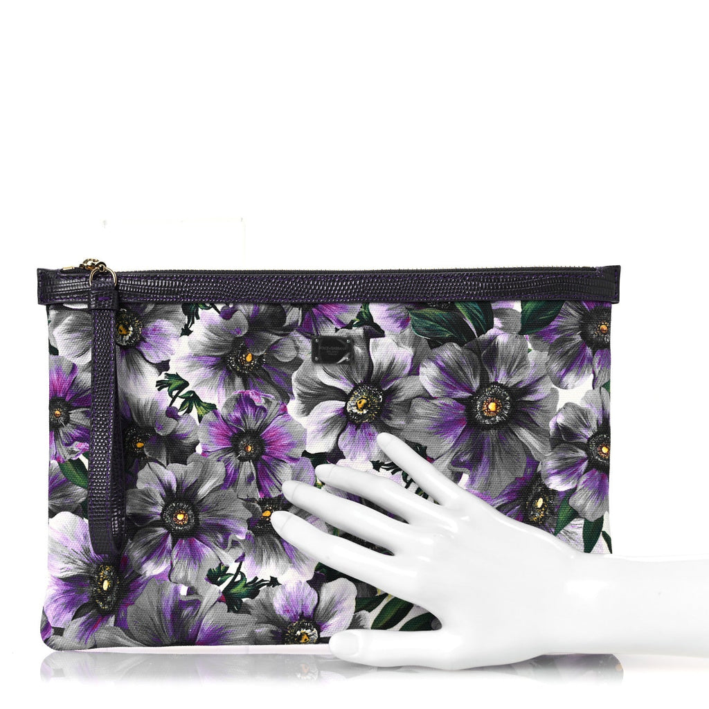 Canvas Vitello Iguana Embossed Anemone Print Pouch Purple