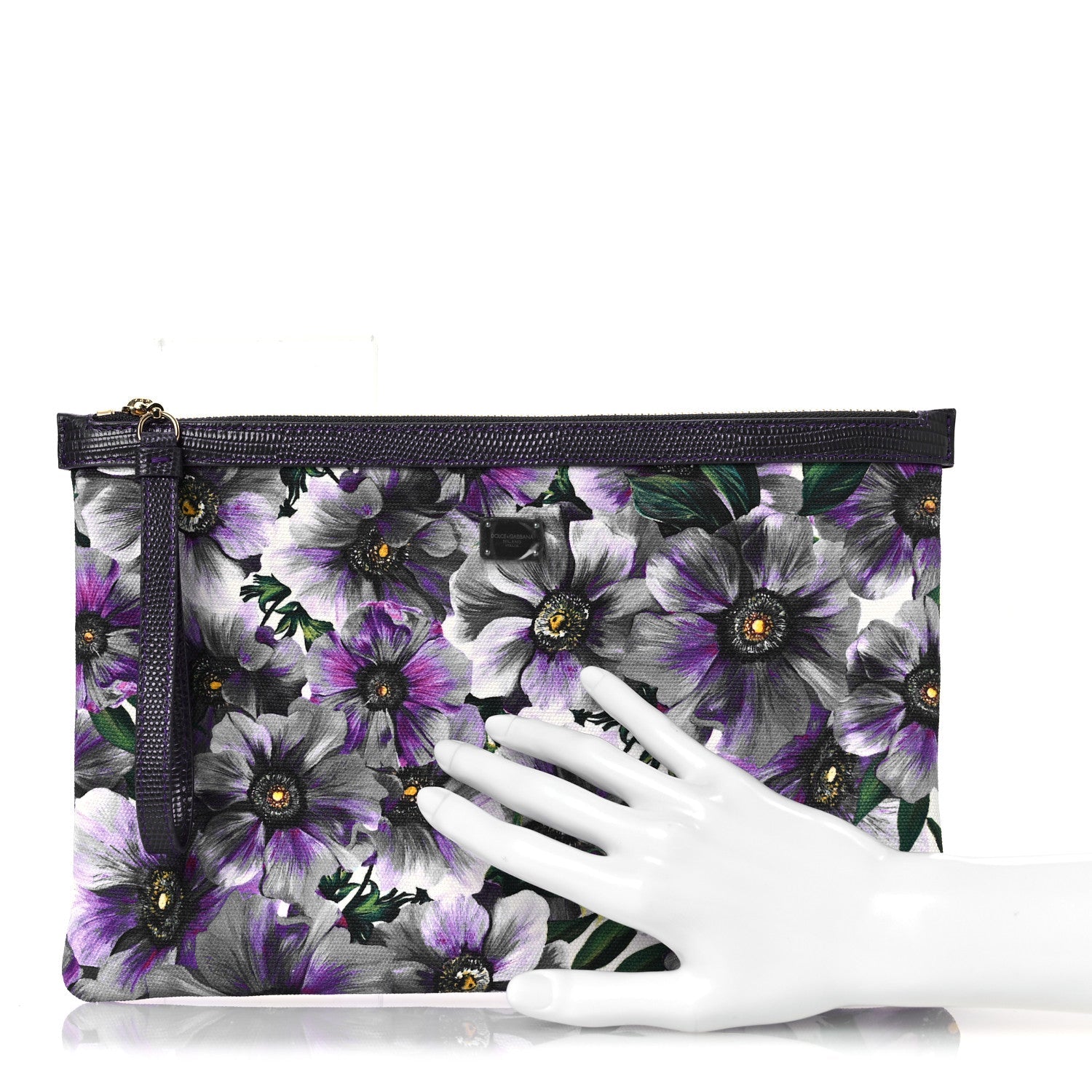 Canvas Vitello Iguana Embossed Anemone Print Pouch Purple