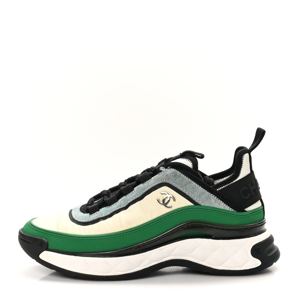 Suede Calfskin Mixed Fibers CC Sneakers 38 Ivory Green Light Blue